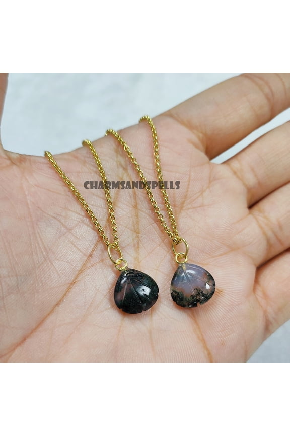 Natural Moss Agate Sea Shell Carved Necklace, Minimalist Necklace, Dainty Necklace, Shell Moss Agate Necklace, Promise Gift, friendship Gift