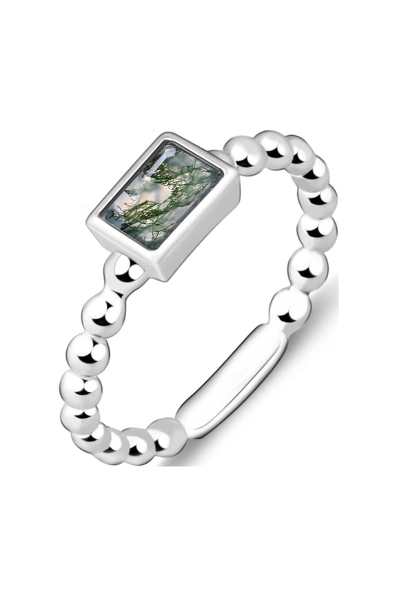 Natural Moss Agate Stacking Ring, 925 Sterling Silver Minimalist Ring