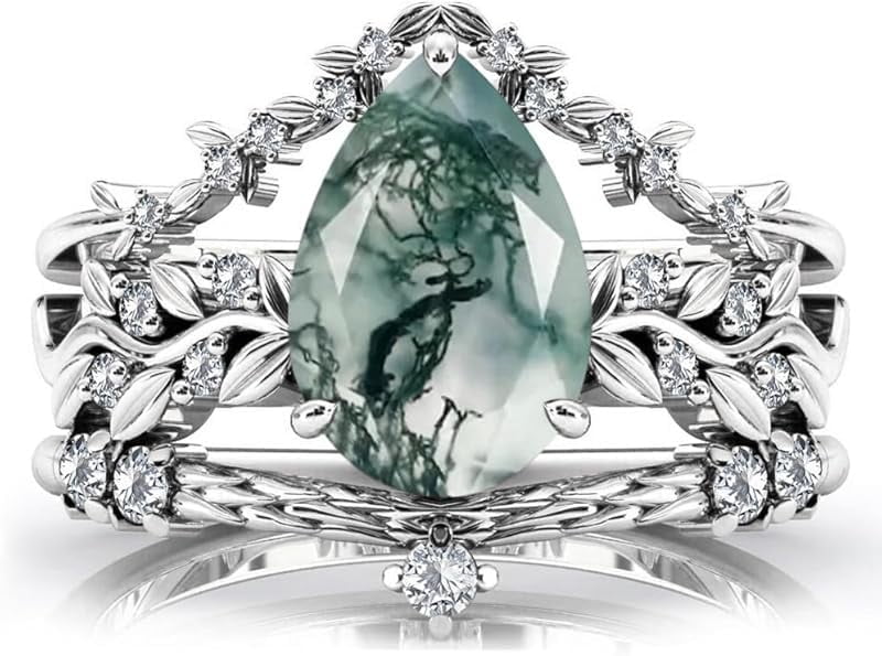 Natural Moss Agate Sterling Silver Rings Set - Leaf Art Deco Hexagon/Pear Moss Agate Engagement Wedding Promise Rings Set - Vintage Unique Bridal Ring Set for Women