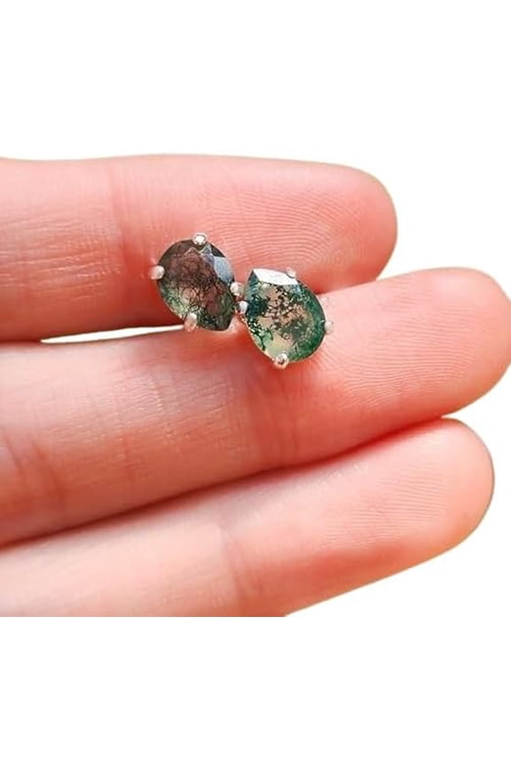 Natural Moss Agate Studs - Teardrop and Pear Moss Agate Earrings Agate Jewelry Gift for Her Sterling Silver