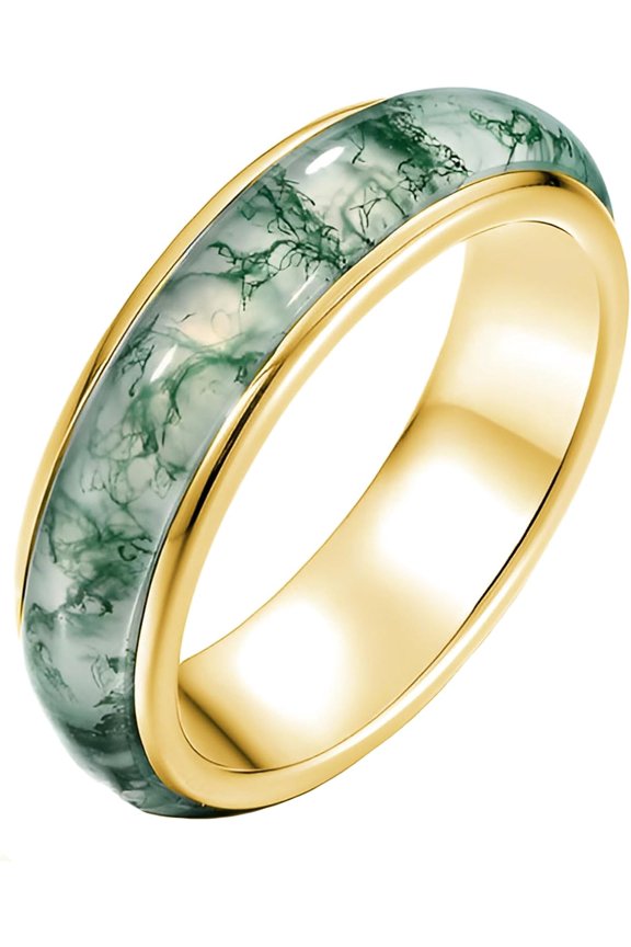 Natural Moss Agate Wedding Rings for Women Men 10K 14K 18K Solid Gold Moss Agate Promise Ring Anniversary Christmas Jewelry Gifts