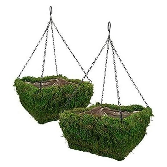 Natural Moss Hanging Baskets Square, 14 Inch, Set of 2 - Green Outdoor Planters with Chain