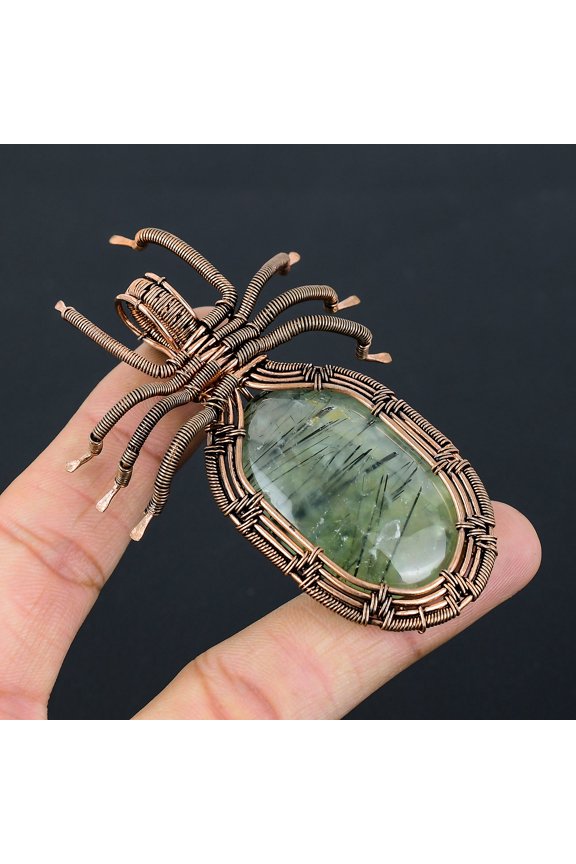 Natural Moss Prehnite Stone Handmade Copper Wire Wrap Spider Pendant 2.56"