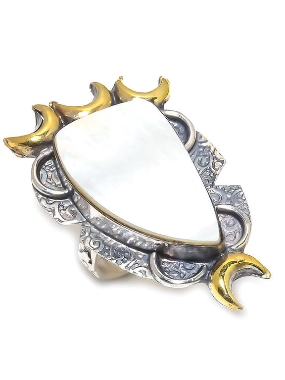 Natural Mother Of Pearl Gemstone 925 Sterling Silver Two Tone Ring Size 7.5