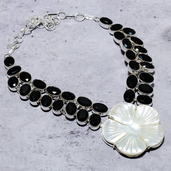 Natural Mother Of Pearl, Spinel Gemstone 925 Sterling Silver Necklace 18"