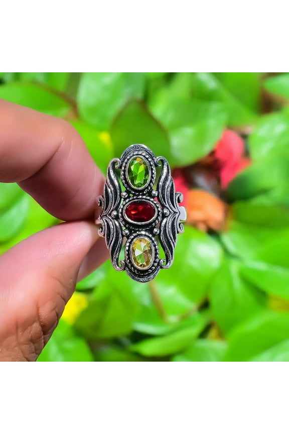 Natural Mozambique Garnet, Citrine Gemstone 925 Sterling Silver Ring S.11.5