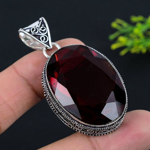 Natural Mozambique Garnet Gemstone 925 Sterling Silver Pendant 2.21"