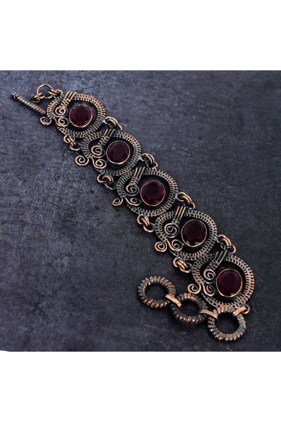 Natural Mozambique Garnet Gemstone Handmade Copper Wire Wrap Bracelet 7-8"