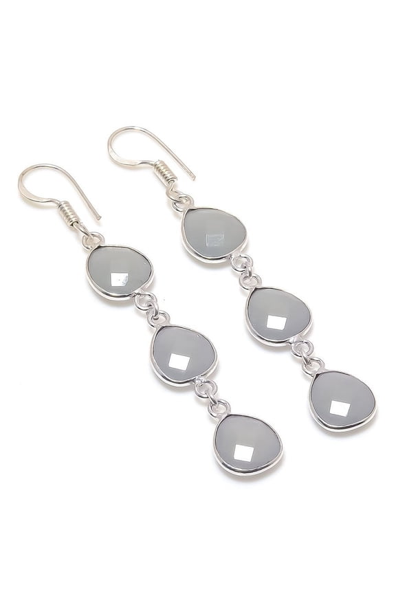 Natural Mud Chalcedony Gemstone 925 Sterling Silver Gift Earring 2.60"
