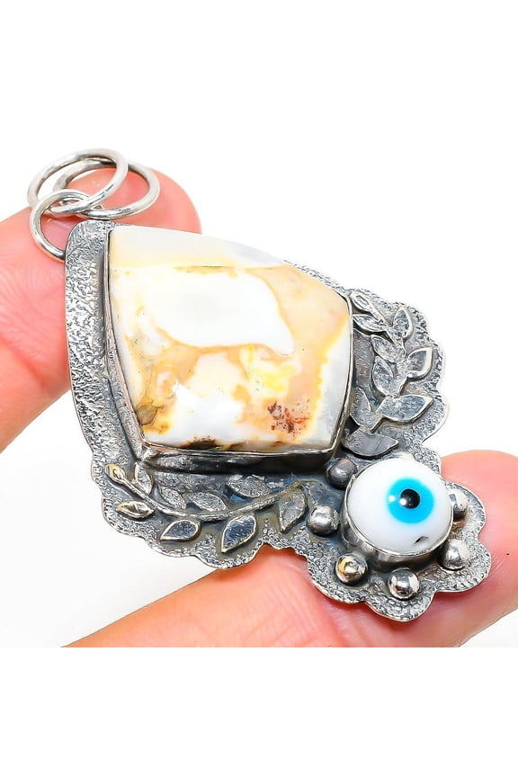 Natural Mud Crack Fossil,Evil Eye Stone 925 Sterling Silver Pendant 2.76"