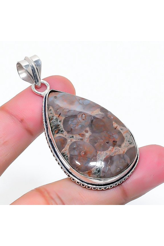 Natural Mud Crack Fossil Gemstone 925 Sterling Silver Jewelry Pendant 2.17"