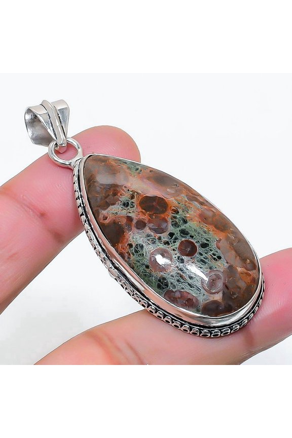 Natural Mud Crack Fossil Gemstone 925 Sterling Silver Jewelry Pendant 2.25"