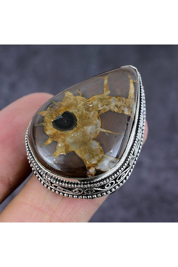 Natural Mud Crack Fossil Gemstone Handmade 925 Sterling Silver Ring S.8