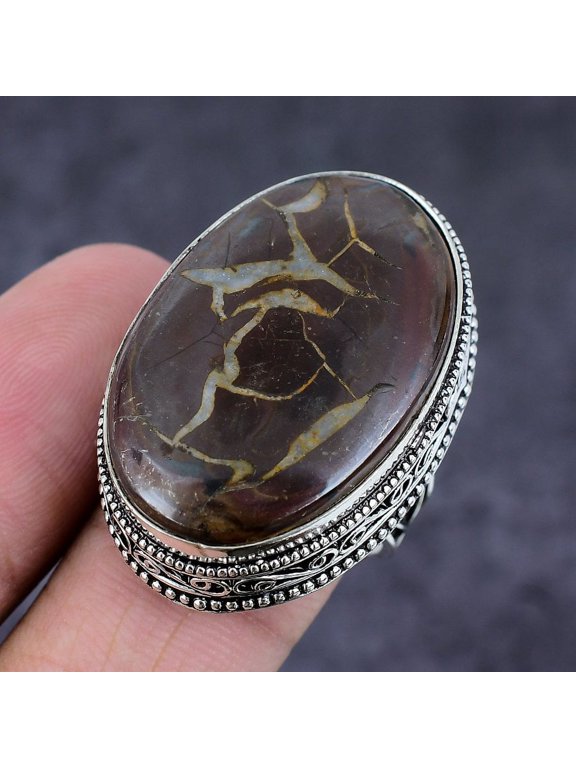 Natural Mud Crack Fossil Gemstone Handmade 925 Sterling Silver Ring Size 10