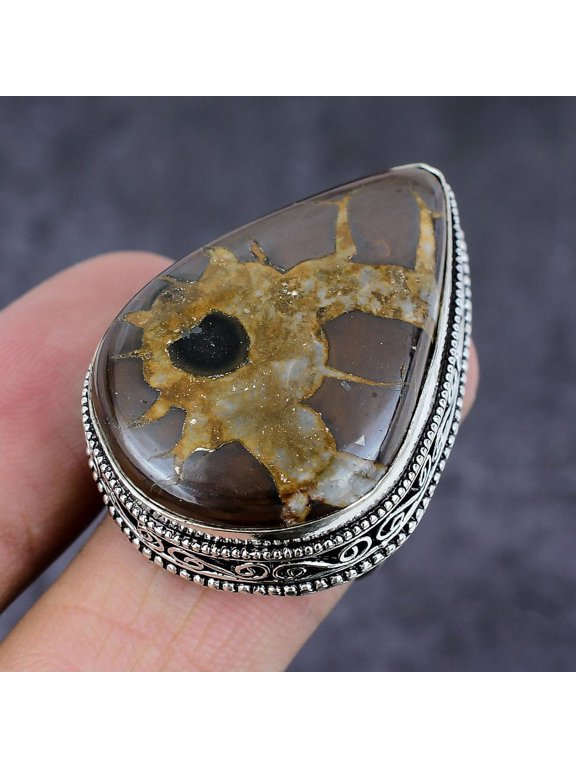 Natural Mud Crack Fossil Gemstone Handmade 925 Sterling Silver Ring Size 7