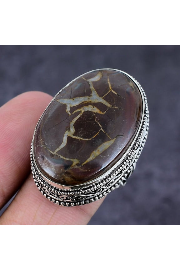 Natural Mud Crack Fossil Gemstone Handmade 925 Sterling Silver Ring Size 7