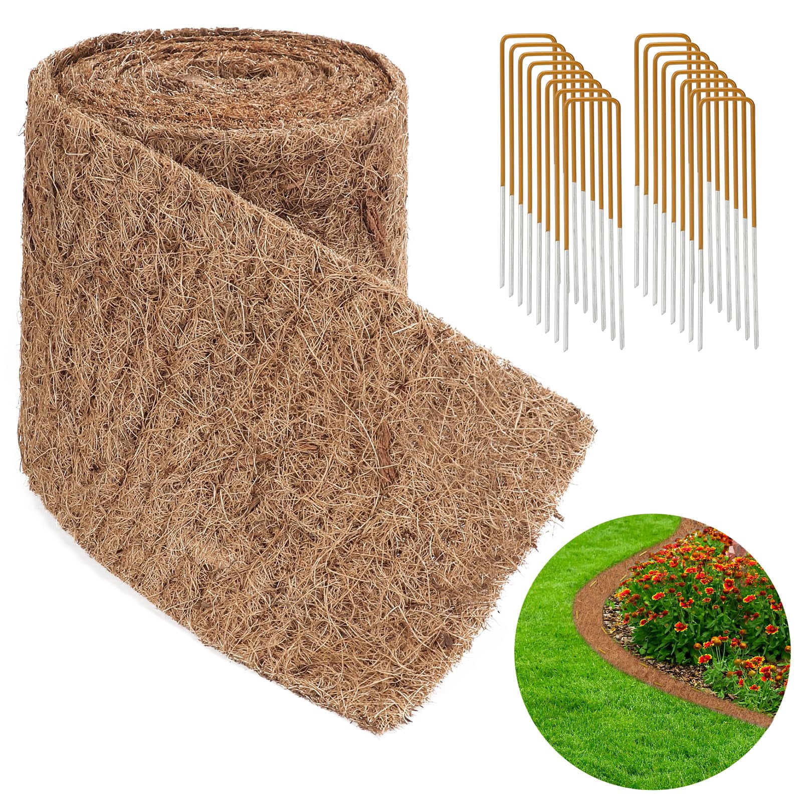 Natural Mulch for Landscaping 120" X 6.3", Coconut Fiber Mulch Mat Roll with 16 U-Shaped Steel Stakes, Garden Edging Border Mat Natural Looking Permanent Mulch Barrier for Plants Vegetables & Flowers