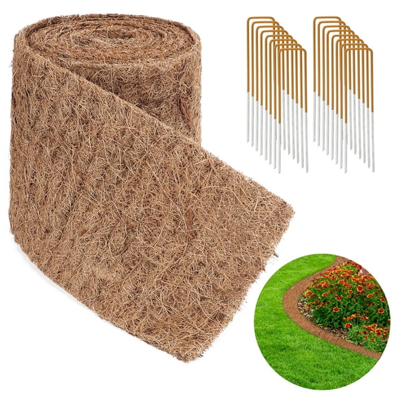 Natural Mulch for Landscaping 120" X 6.3", Coconut Fiber Mulch Mat Roll with 16 U-Shaped Steel Stakes, Garden Edging Border Mat Natural Looking Permanent Mulch Barrier for Plants Vegetables & Flowers