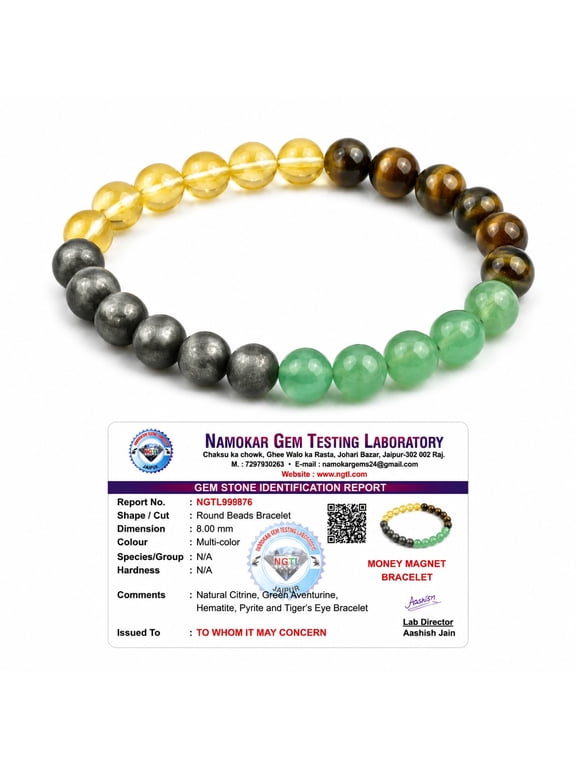 Natural Multi Gemstone Money Magnet Bracelet 8mm | Certified Healing Crystal Stone Bracelet | Citrine, Aventurine, Hematite, Pyrite & Tiger Eye | Prosperity, Luck & Energy Bracelet | Unisex Jewelry