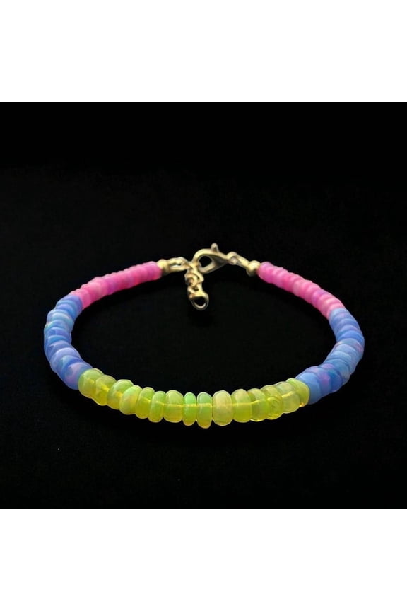 Natural Multi Opal Bracelet: 92 Sterling Silver Gemstone Jewelry, Rainbow Fire Multi Beads Bracelet, Birthstone Bracelet, Unisex Bracelet
