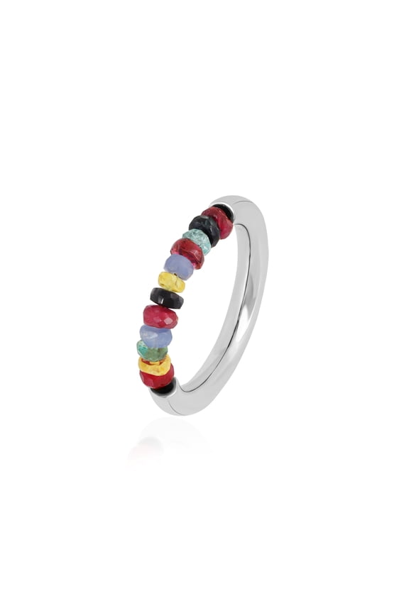 Natural Multi Sapphire Beads 925 Silver Band Ring – Yellow Gold & White Rhodium (White Rhodium)