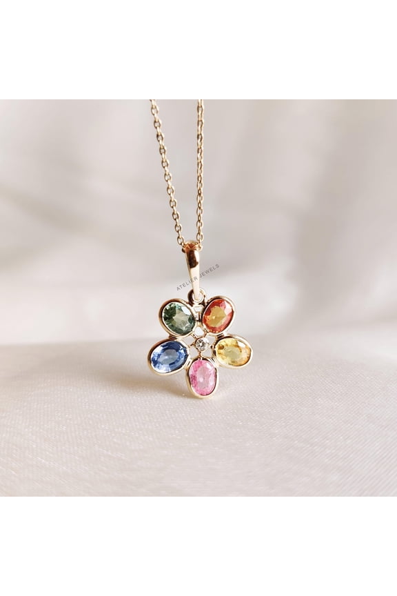 Natural Multi Sapphire Flower Pendant, Solid Yellow Gold Pendant, Diamond and Sapphire Pendant, September Birthstone, Christmas Present