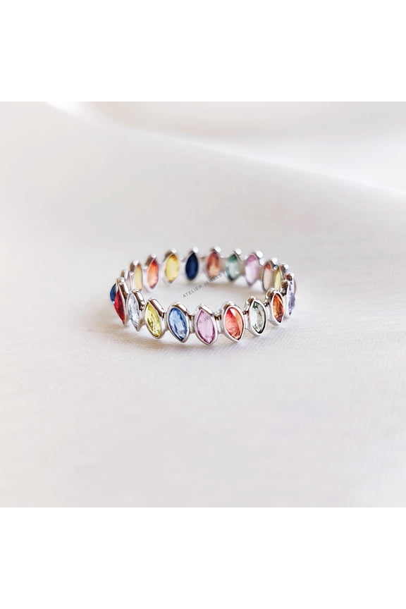 Natural Multi Sapphire Ring, 14K Solid White Gold Sapphire Ring, Stackable Multi Sapphire Ring, Bezel Infinity Ring, September Birthstone
