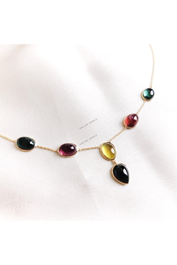 Natural Multi Tourmaline Necklaces, 14K Solid Yellow Gold Necklace, Multi Tourmaline Necklace, October Birthstone, Christmas Present