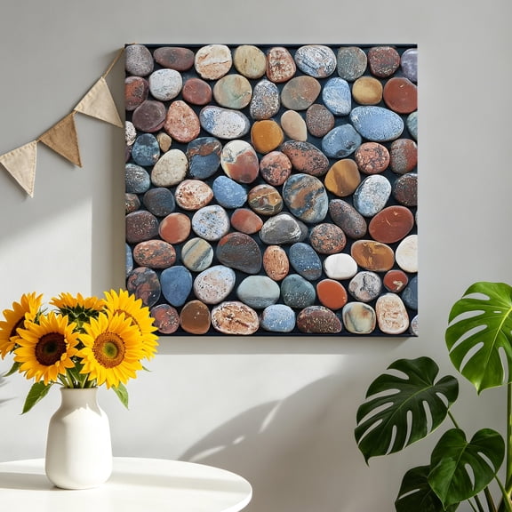 Natural Multicolor Pebbles Canvas Wall Art, Boho Red Brown Blue Stones Framed Canvas Wall Decor Picture Print Artwork Decorations for Living Room Office Ready to Hang 8" x 8"