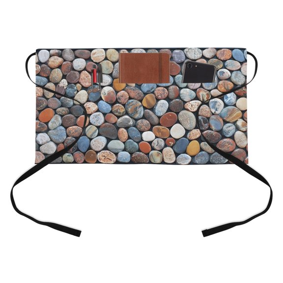 Natural Multicolor Pebbles Kitchen Restaurant Half Waist Apron, Boho Red Brown Blue Stones Server Short Apron with 3 Pockets Waterproof Oil Waist Aprons for Women Waitress Waiter