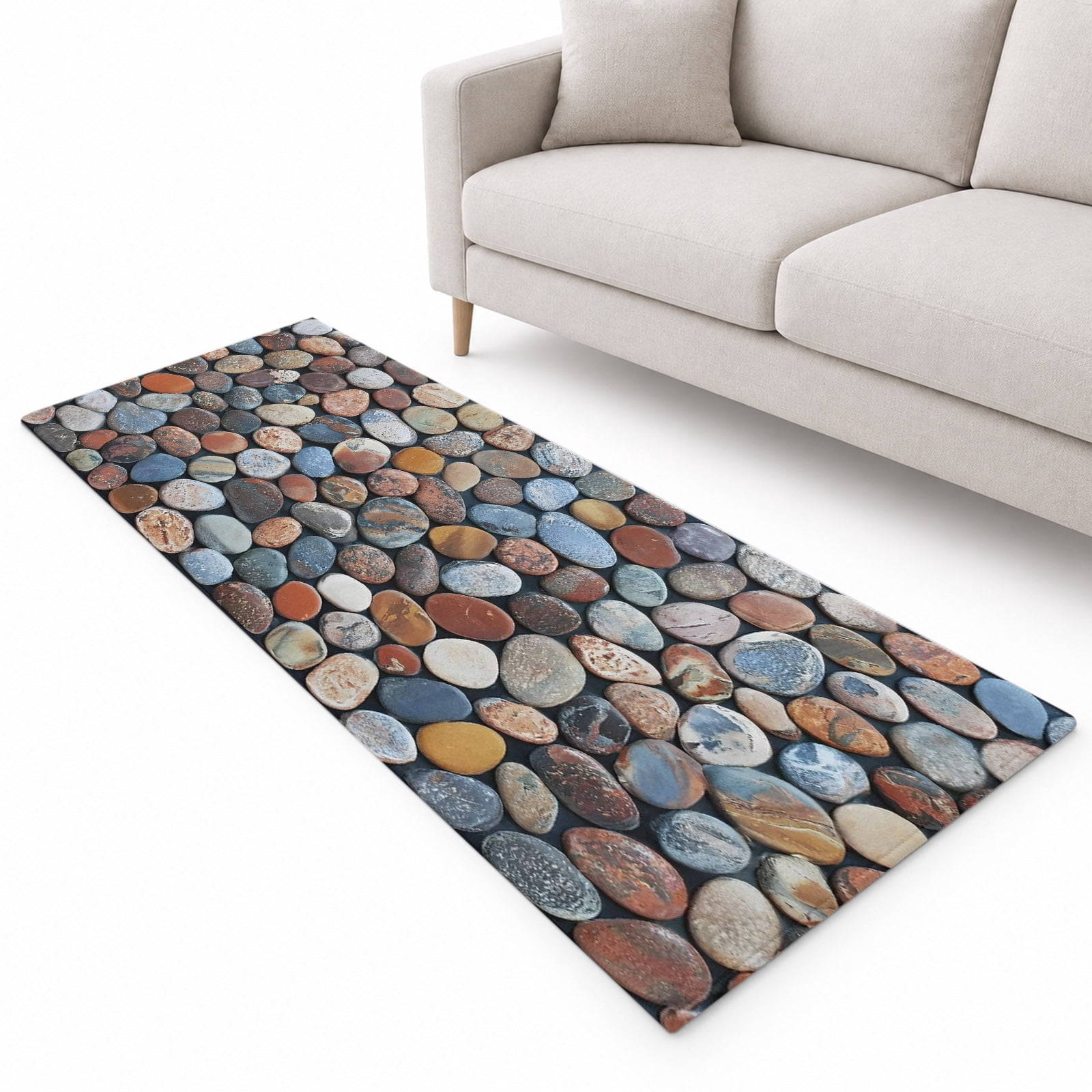 Natural Multicolor Pebbles Runner Rug 2.6'x8', Boho Red Brown Blue ...