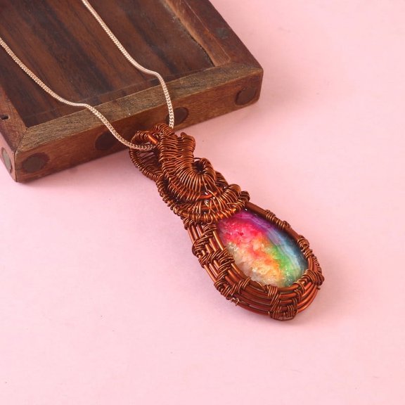 Natural Multicolor solar agate Druzy Wire Wrap Gemstone Pendant 925 Sterling Silver Jewelry For all Occasion