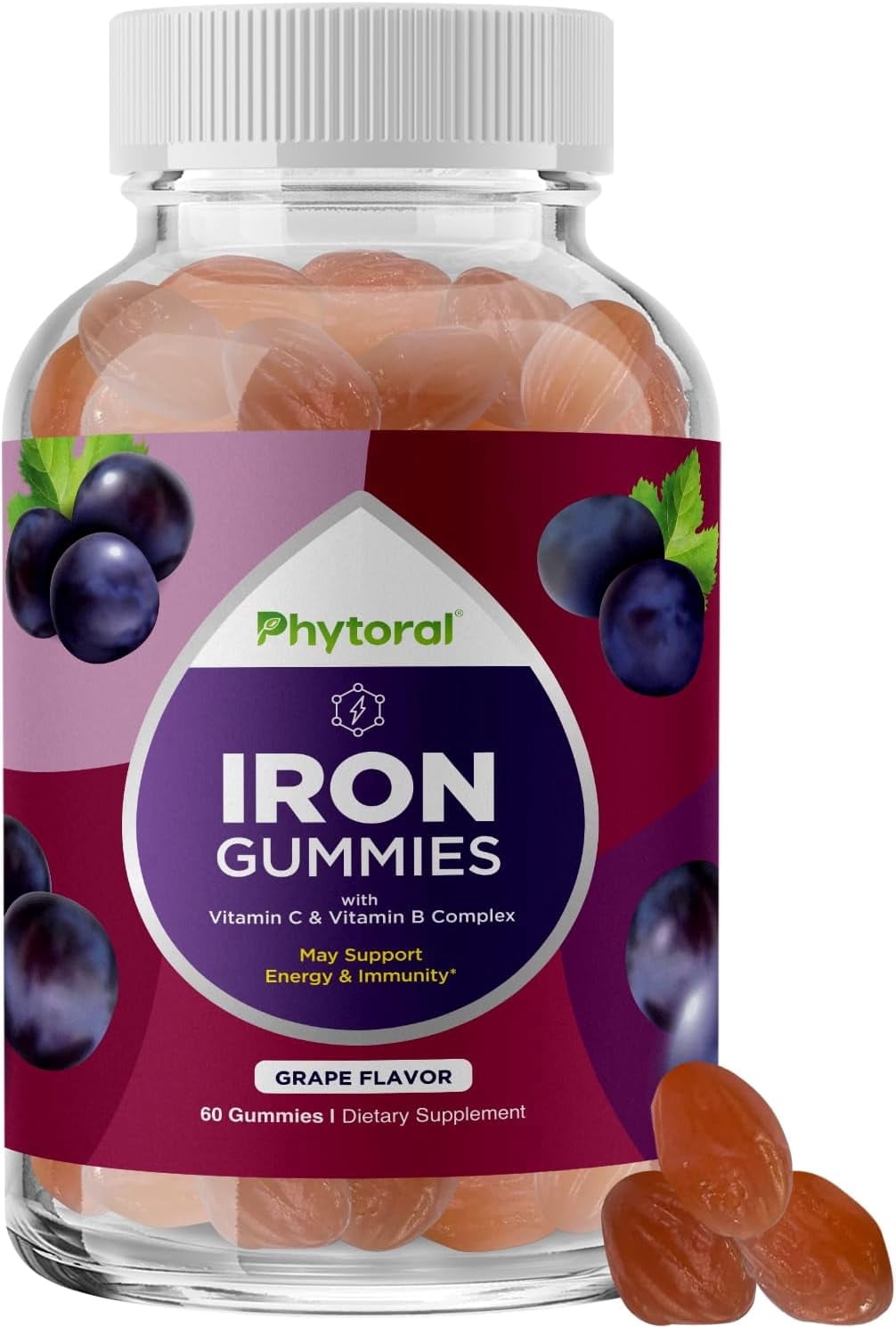 Phytoral Natural Multivitamin Iron Gummies with Vitamin C and B-Complex for Adults, Grape, 60 Count