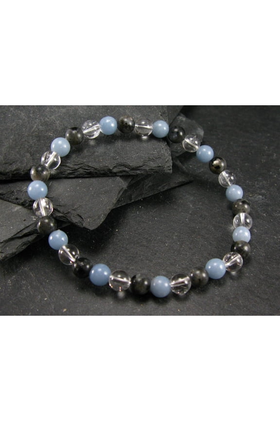 Natural Mystic Merlinite, Quartz & Angelite Anhydrite 6mm Round Shape smooth Cut Beads Stretchable Bracelet for Men & Women.