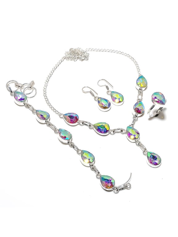 Natural Mystic Rainbow Topaz Gemstone 925 Sterling Silver Jewelry Set
