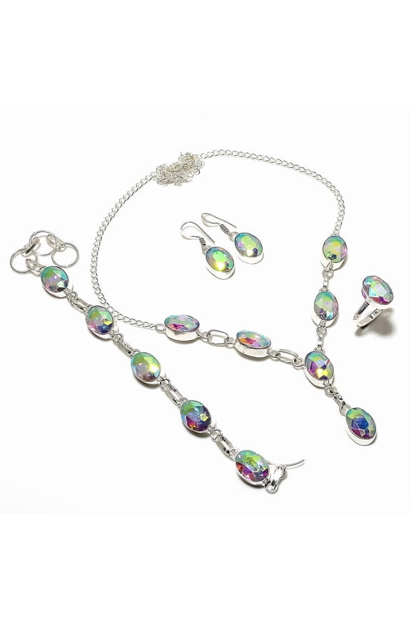 Natural Mystic Rainbow Topaz Gemstone 925 Sterling Silver Jewelry Set