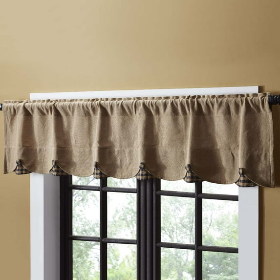 Natural Navy Tan Rustic & Lodge Kitchen Curtains Burlap Natural Check Rod Pocket Cotton Buttons Cotton Burlap 16x72 Valance