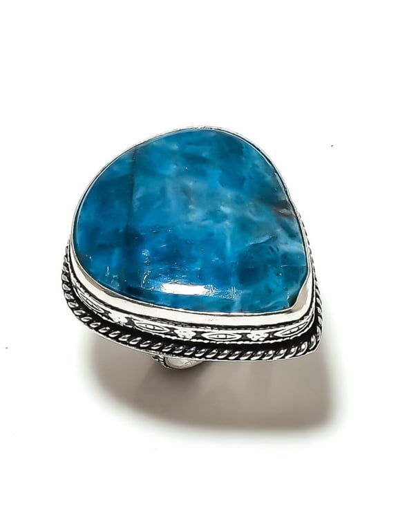 Natural Neon Blue Apatite Gemstone 925 Sterling Silver Ring Size 7.5