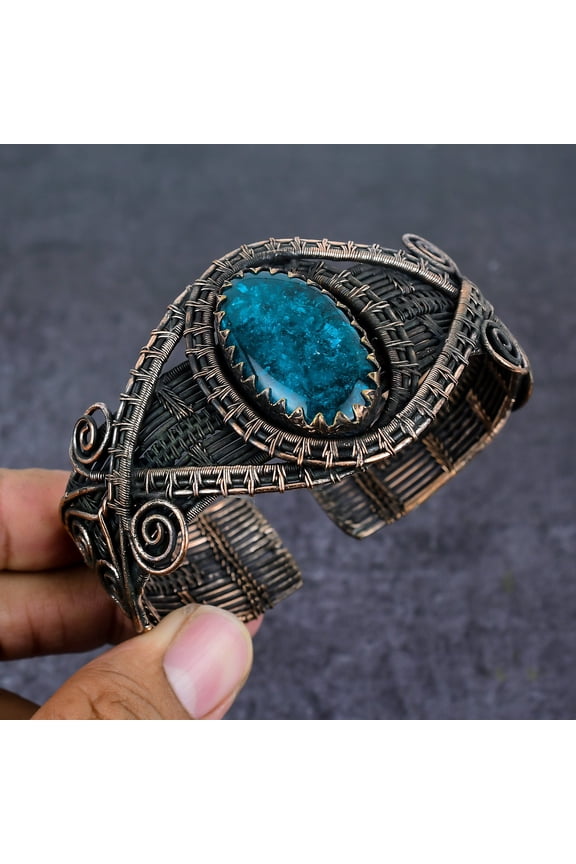 Natural Neon Blue Apatite Gemstone Copper Wire Wrap Cuff Bangle Adjustable