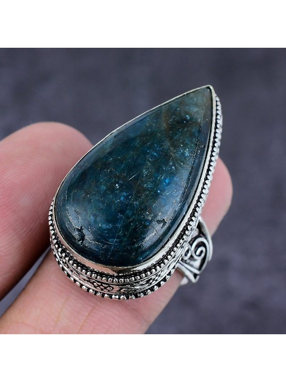 Natural Neon Blue Apatite Gemstone Handmade 925 Sterling Silver Ring Size 6