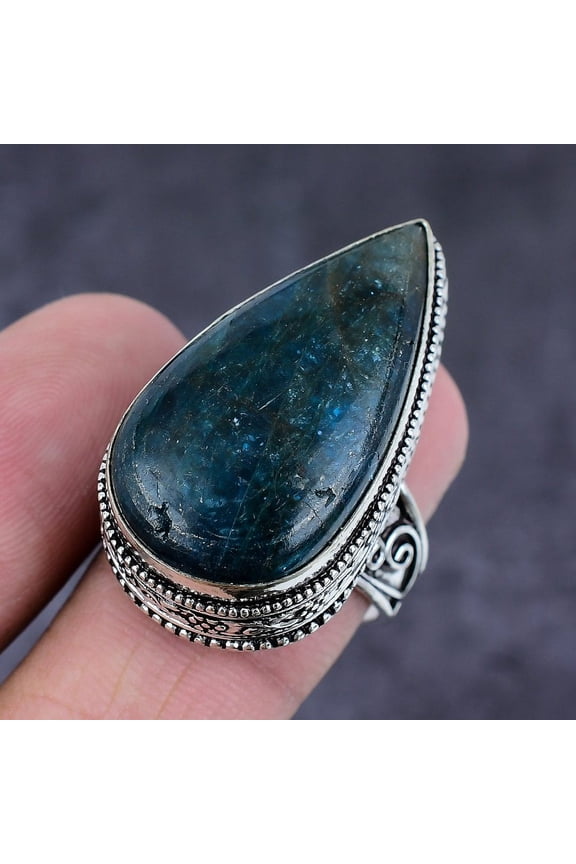 Natural Neon Blue Apatite Gemstone Handmade 925 Sterling Silver Ring Size 7