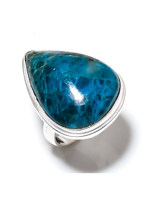 Natural Neon Blue Apatite Gemstone Handmade 925 Sterling Silver Ring Size 8