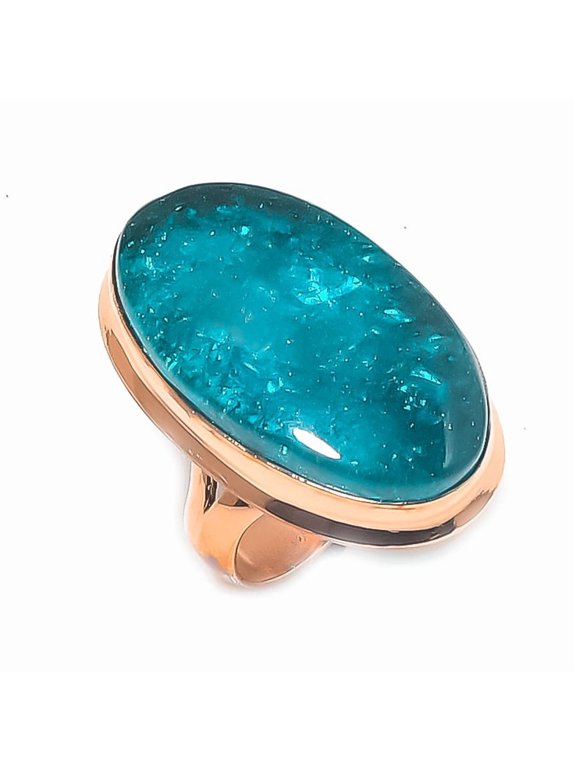 Natural Neon Blue Apatite Gemstone Handmade Copper Jewelry Ring Size 7.5