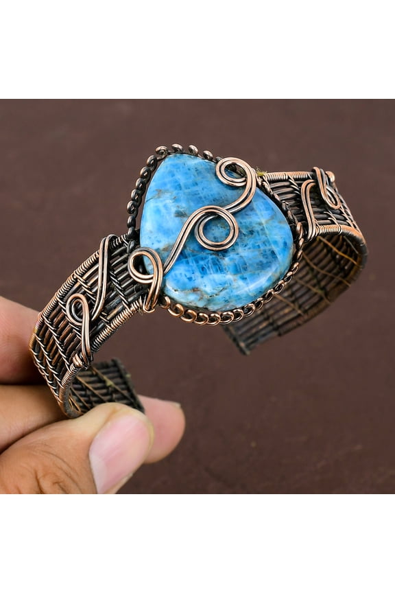 Natural Neon Blue Apatite Handmade Copper Wire Wrap Bangle Adjustable