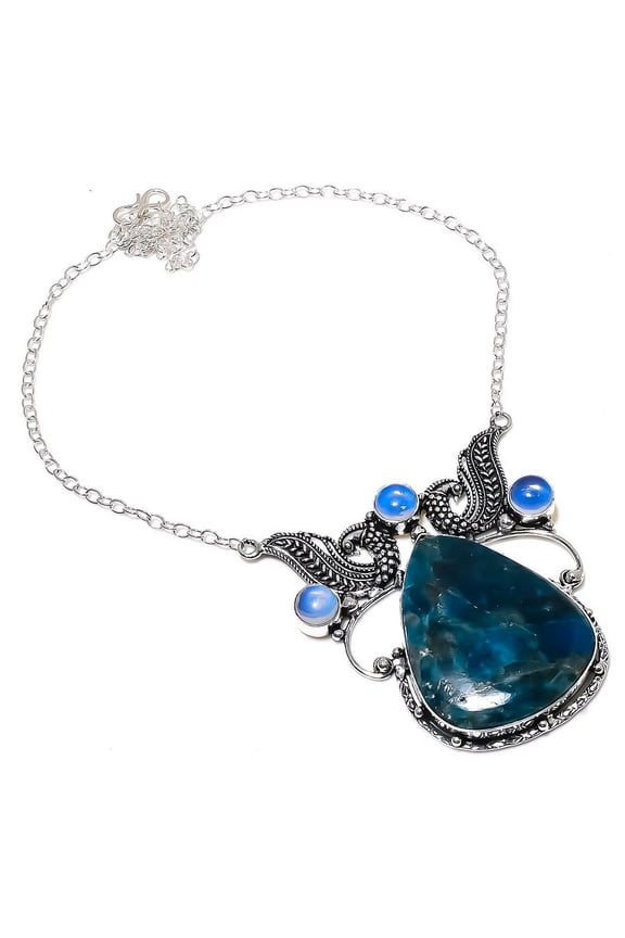 Natural Neon Blue Apatite, Opal Gemstone 925 Sterling Silver Necklace 18"