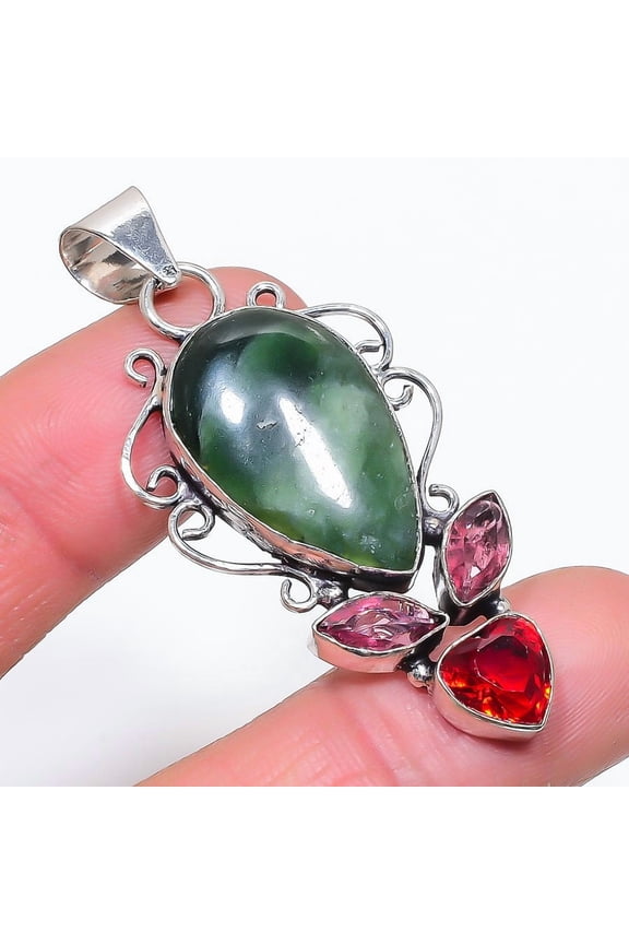 Natural Nephrite, Rubillite 925 Sterling Silver Jewelry Pendant 2.36"