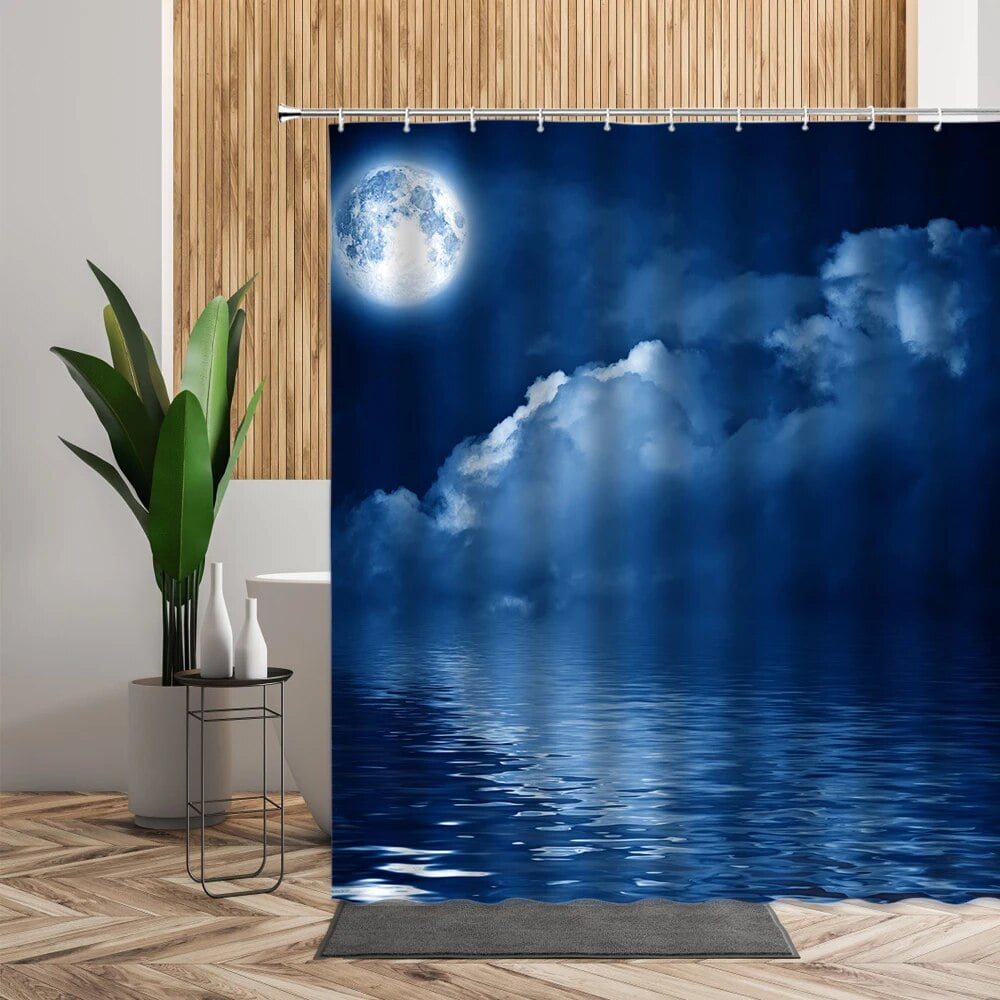 Natural Night Scenery Shower Curtain Bath Moons Sea Ocean Bathroom Home
