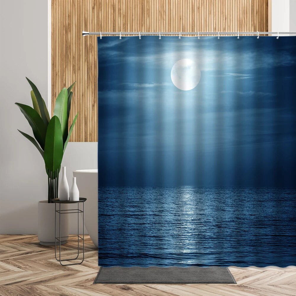 Natural Night Scenery Shower Curtain Bath Moons Sea Ocean Bathroom Home