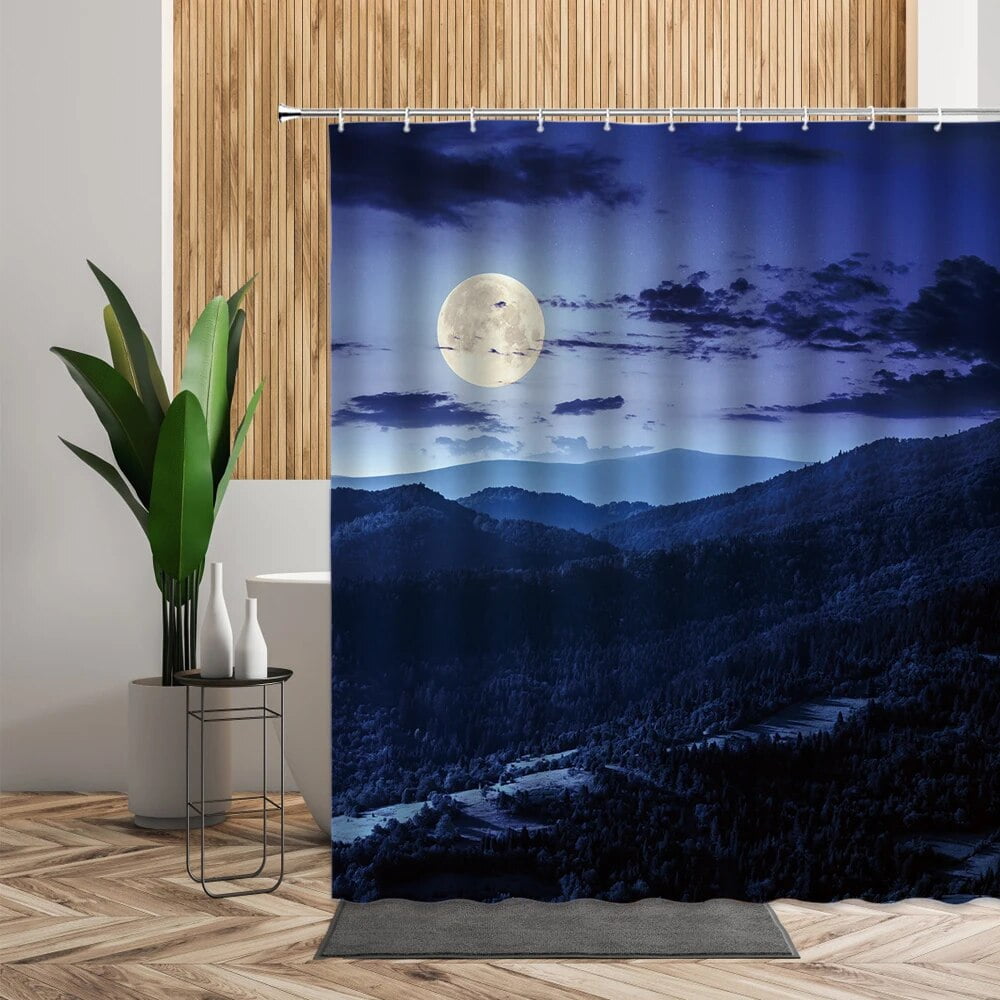 Natural Night Scenery Shower Curtain Bath Moons Sea Ocean Bathroom Home