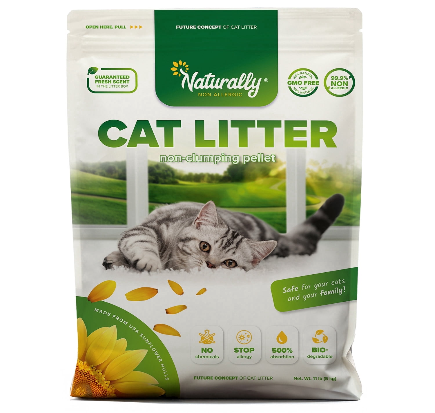 Natural Non-Clumping Cat Litter Pellets, Sunflower Hull Formula with Natural Ingredients, Strong Odor Control, 11 lb